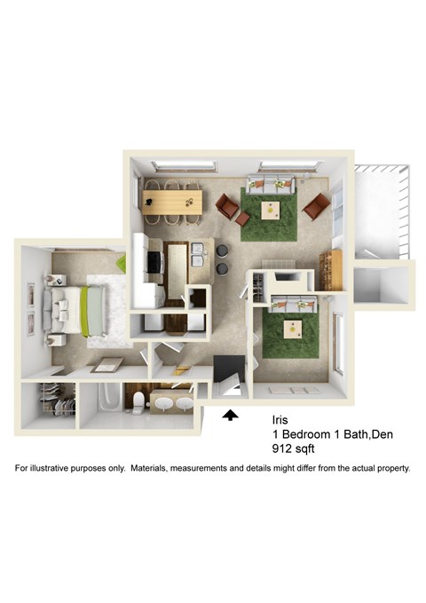 Floor plan for 1 bed, 1 bath, 912 sqft